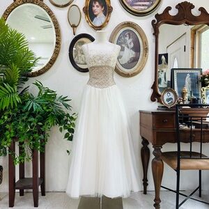 David's Bridal Ivory and Gold Lace Bodice Tulle Wedding Dress